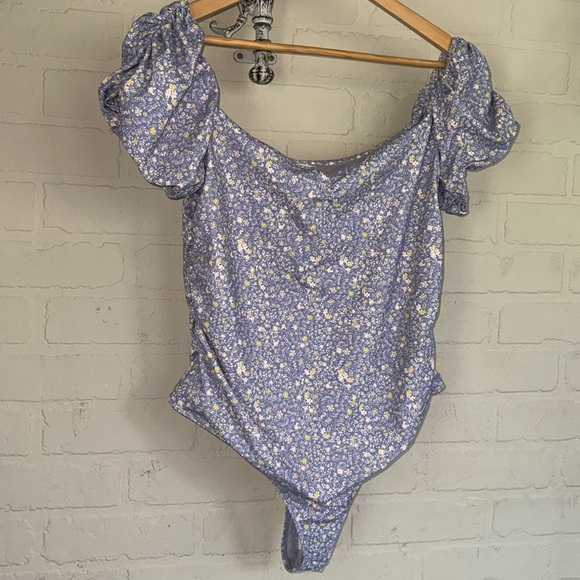 Free People bodysuit puff ruched shirt sleeve Bella chambray combo floral xL NeW - Picture 2 of 9